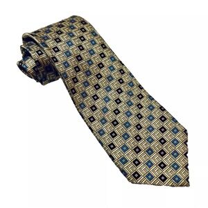ROBERT TALBOTT Studio Mens 100% Silk Necktie USA Designer Geometric Tan/Blue